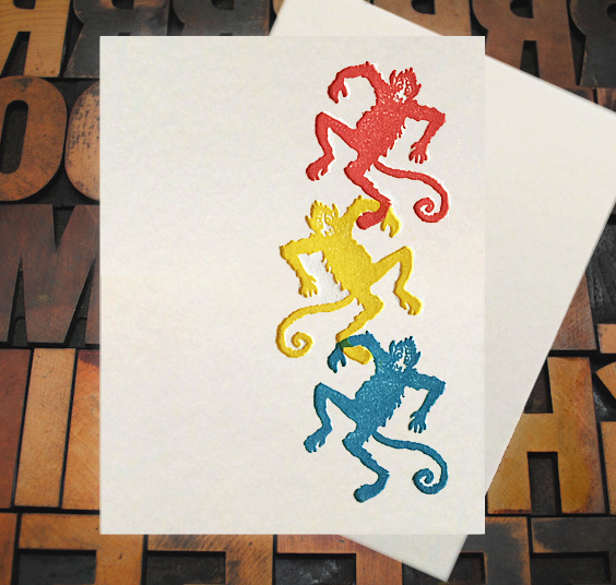 Letterpress Card with an image of three monkeys
