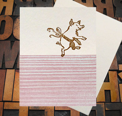 Letterpress Card with an image of a pig wearing a ribbon dancing