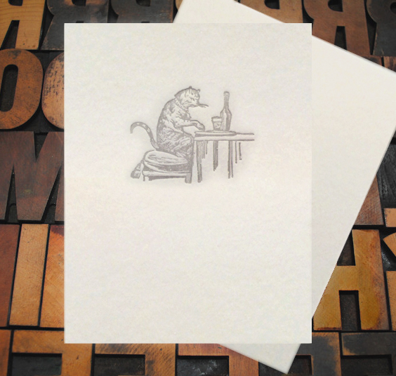 Letterpress Card with the image of a cat drinking wine and eating cheese